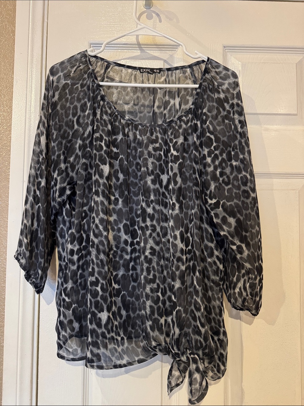 Express Black and Gray Leopard-Print Tie-Hem Blouse